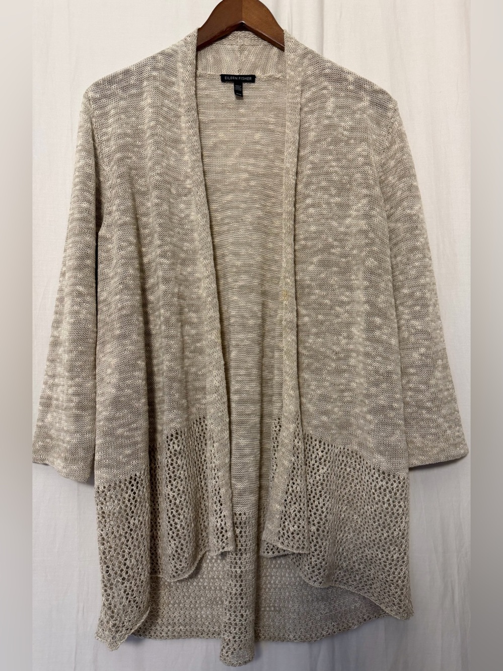 Eileen Fisher Organic Linen & Cotton Blend Knit Open Front Cardigan - Beige - M